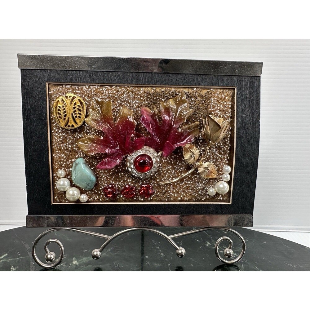 Contemporary Jewelry Art Hand crated Floral Design Rhinestone Pearl Silver Frame